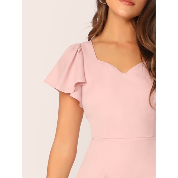 Pastel Pink Solid Flutter Sleeve Fit & Flare Dress - Picture 4 of 6